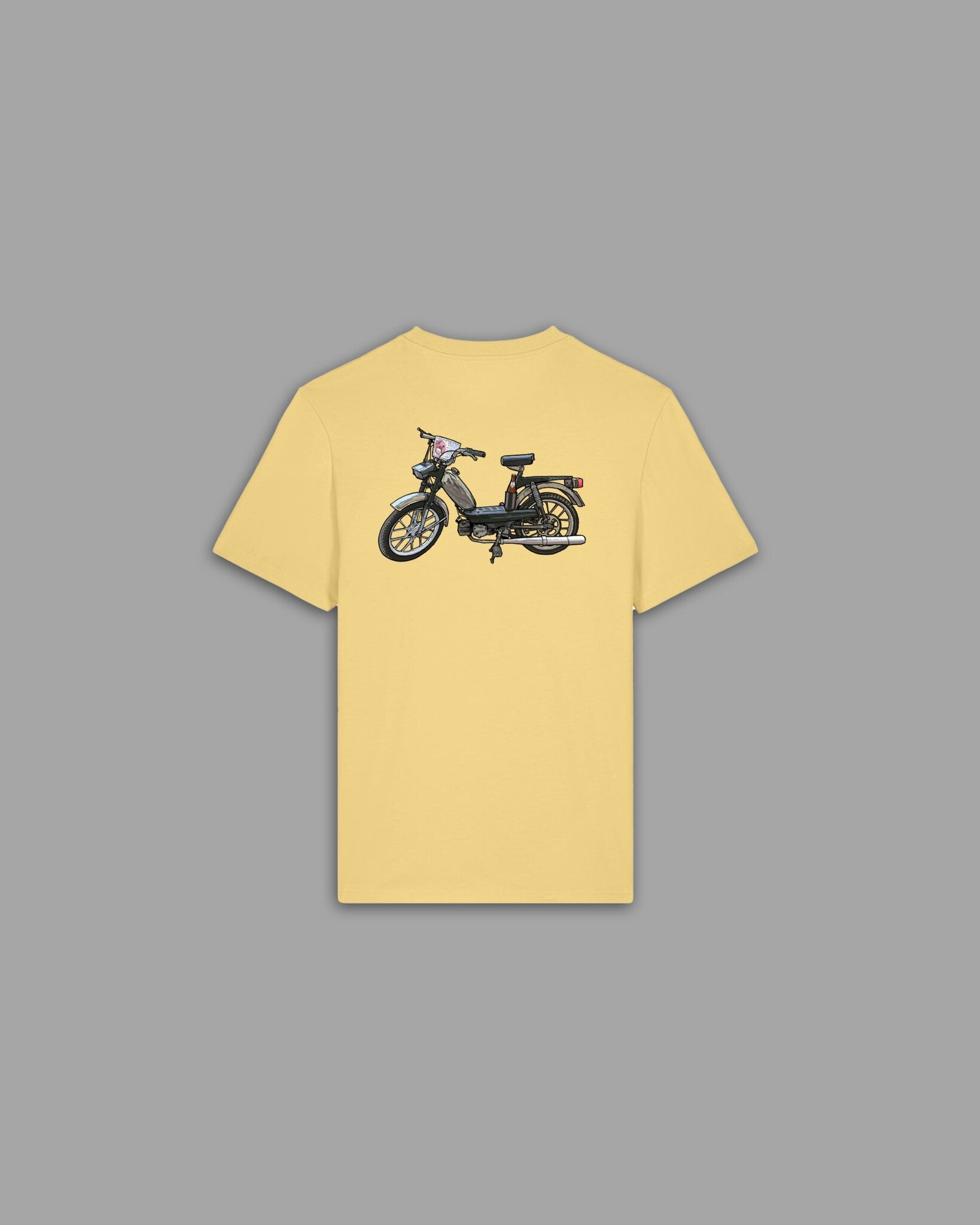 Skate'n'Rock Kachelmann T-Shirt Rückseite in Pastellgelb mit großem schwarzen Retro-Mofa Backprint – Vintage Moped Streetwear