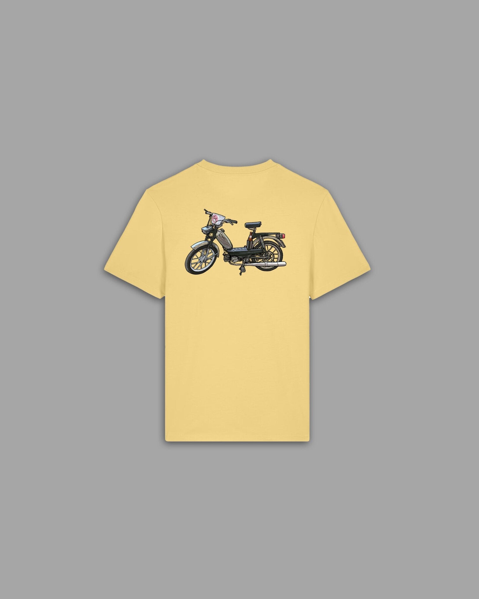 Skate'n'Rock Kachelmann T-Shirt Rückseite in Pastellgelb mit großem schwarzen Retro-Mofa Backprint – Vintage Moped Streetwear