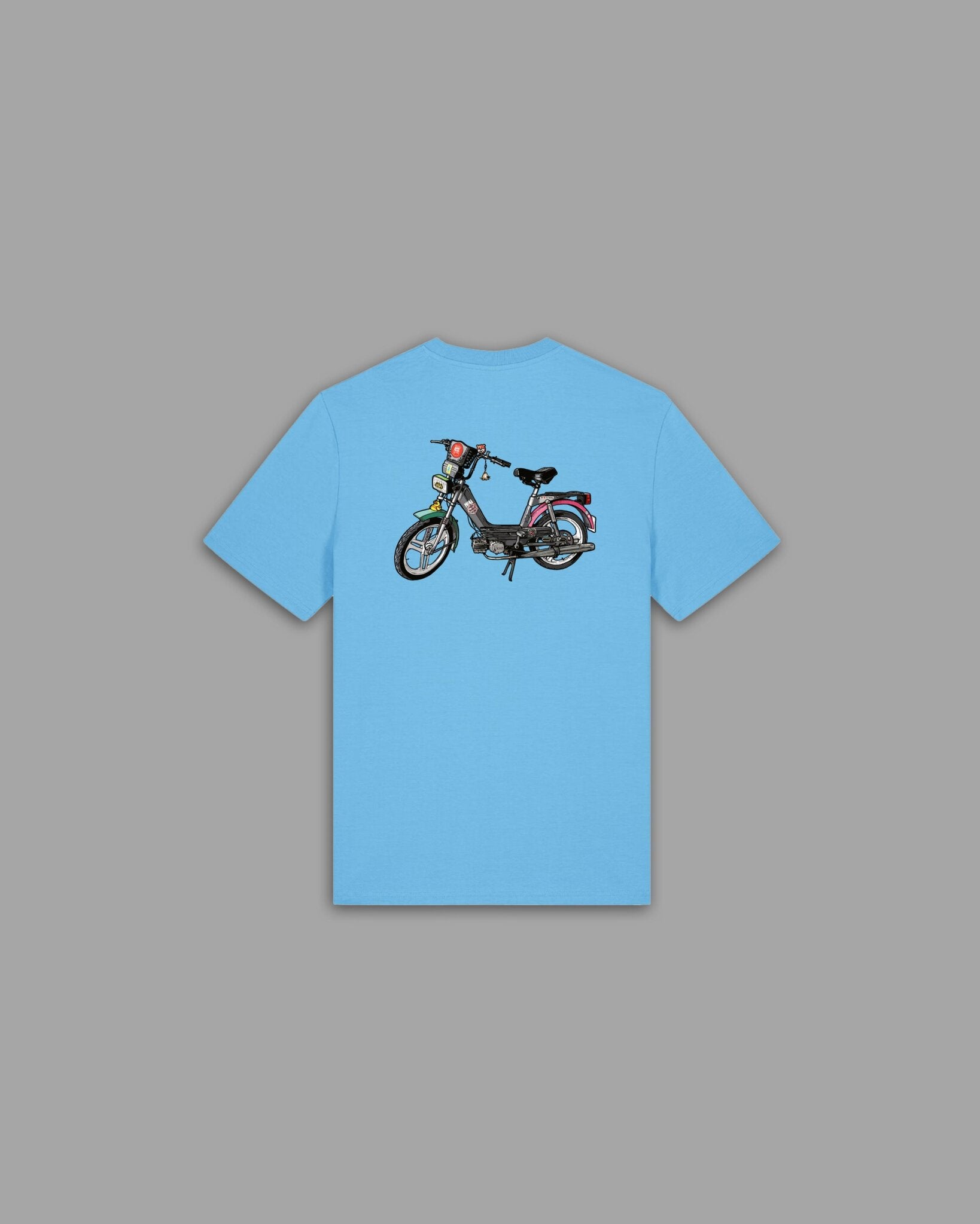 Skate'n Rock Phill Lie T-Shirt hellblau Rückansicht mit großem Vintage-Mofa Backprint in Schwarz und Pink – BTTS Mofaserie Streetwear