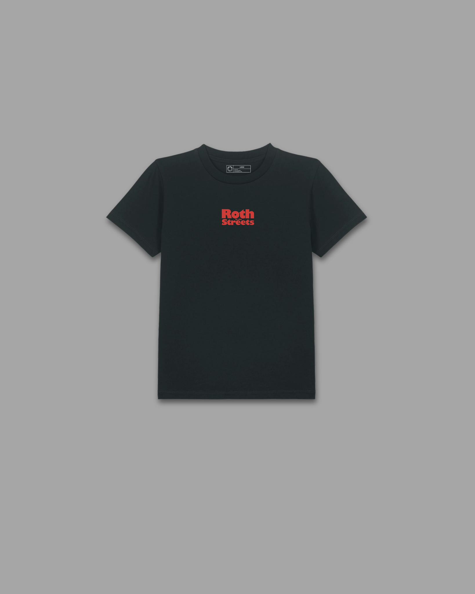 BTTS schwarzes T-Shirt Frontansicht mit kleinem roten Roth to the Streets Brustprint – Streetwear