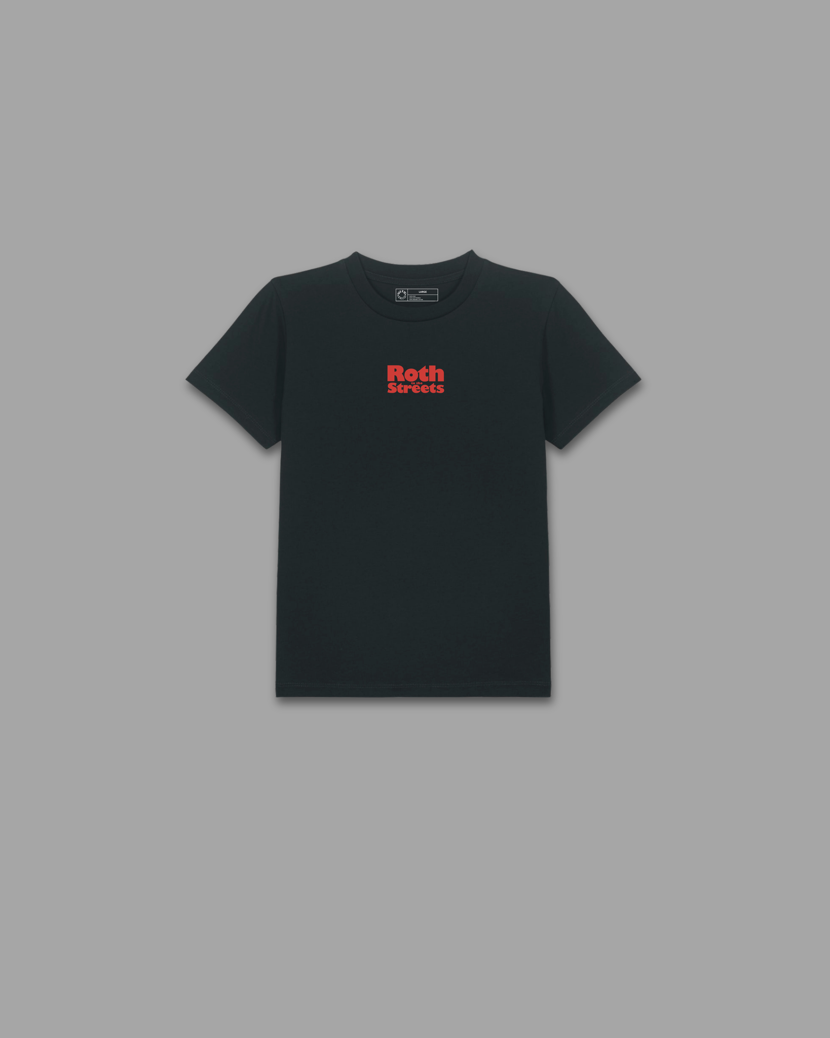 Roth Bold Brew T-Shirt schwarz Vorderseite mit kleinem rotem Roth to the Streets Brustprint – Back to the Streets Skatewear