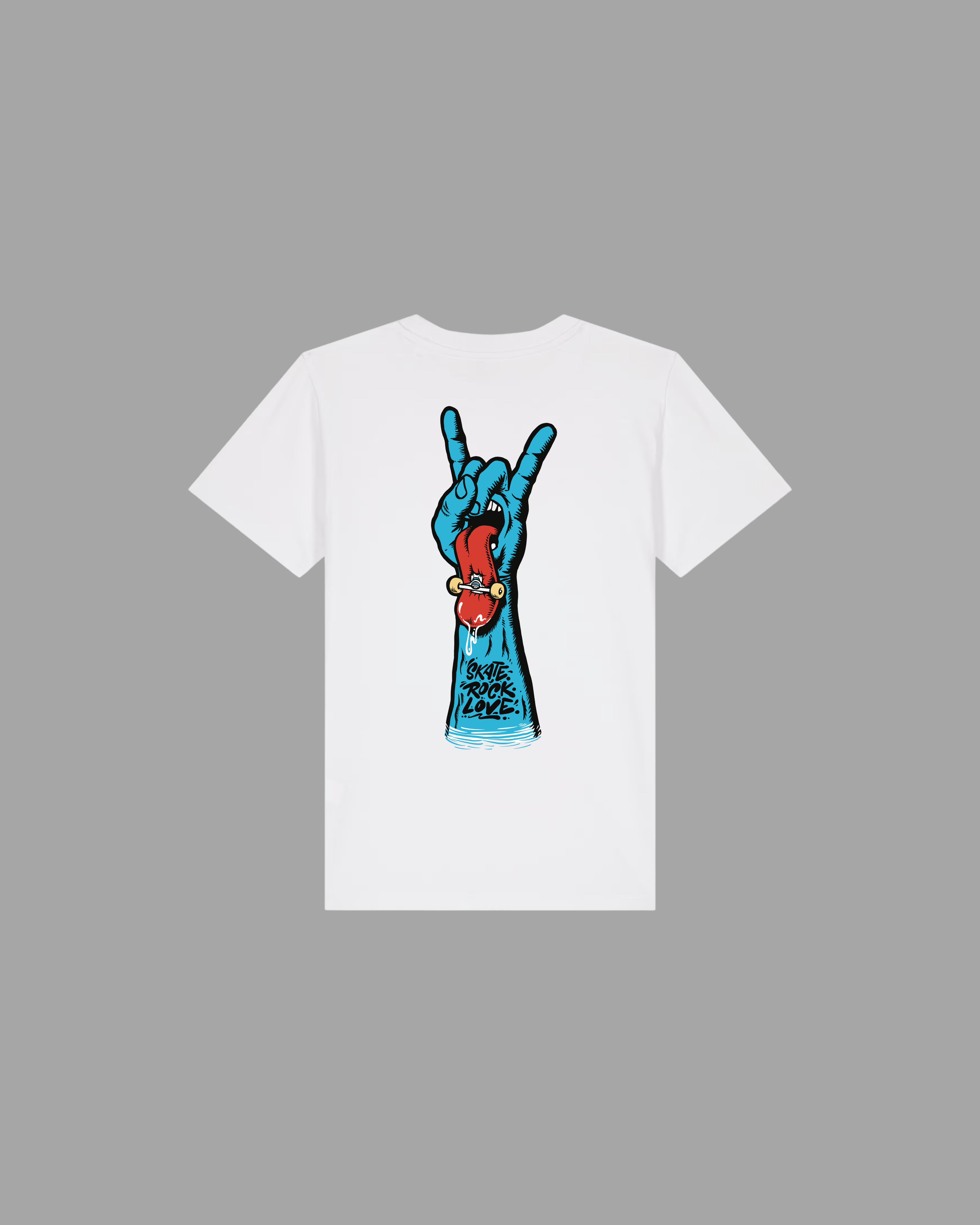 Weißes Kids T-Shirt von Back To The Streets, Rückenansicht mit großem Print: blaue Hand im Metal-Gruß mit heraushängender roter Zunge und Skateboard, Schriftzug Skate. Rock. Love.