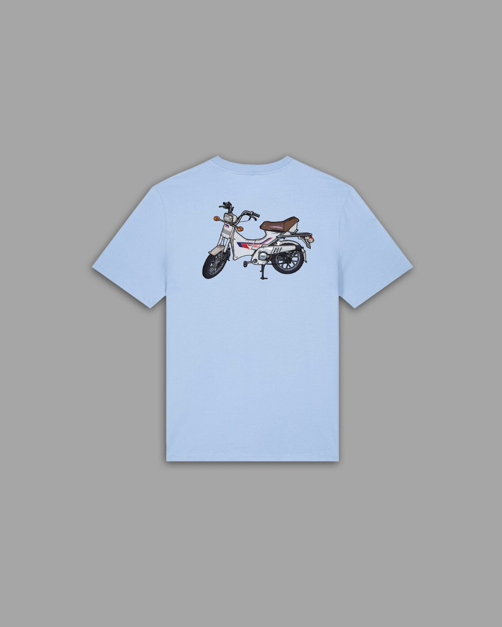 Skate'n Rock Palermo T-Shirt Rückseite mit großem Vintage-Roller Backprint in Hellblau – Retro Mofa Illustration Streetwear