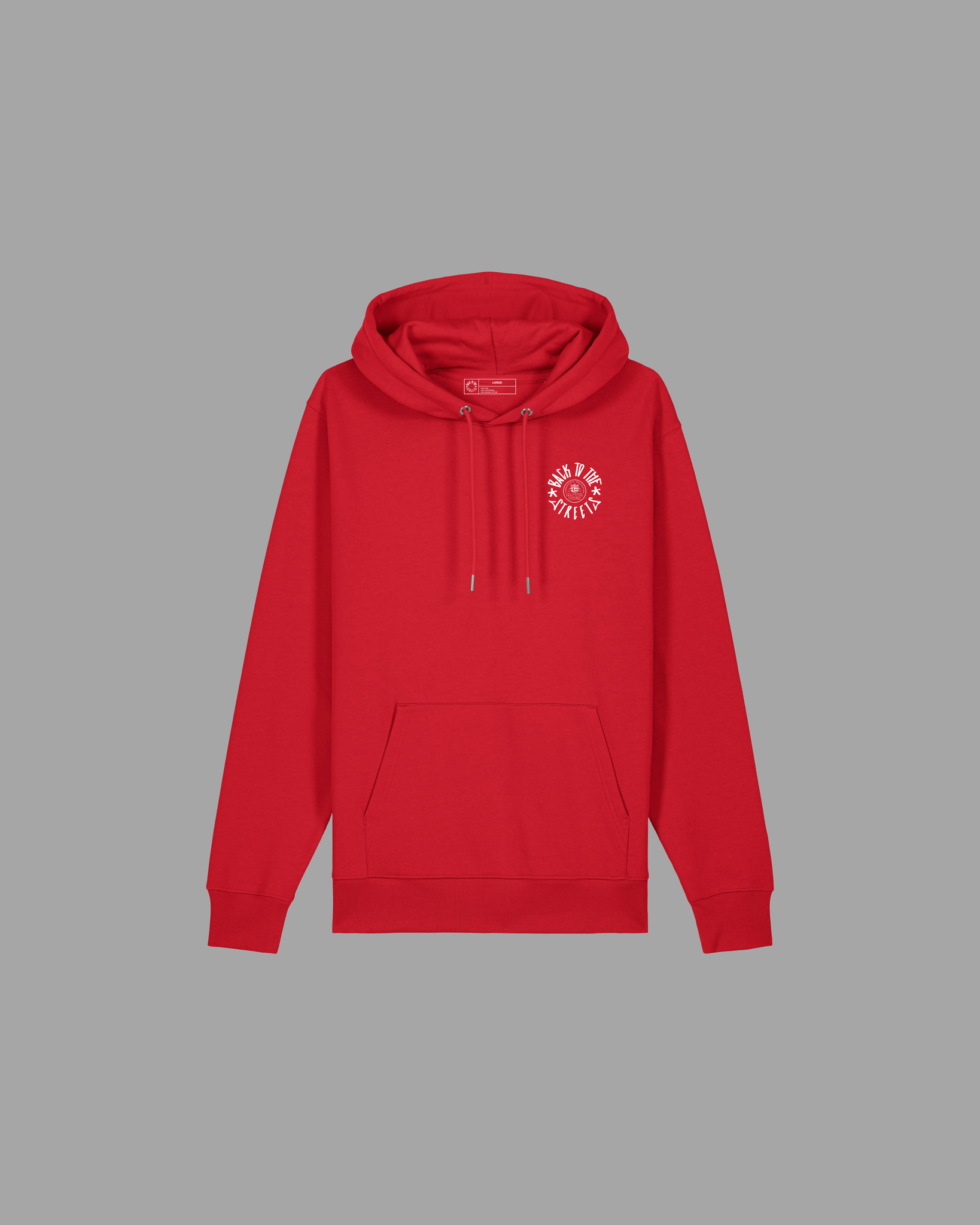 BTTS Hoodie rot Frontansicht mit weißem Back To The Streets Rundlogo auf der Brust – Streetwear