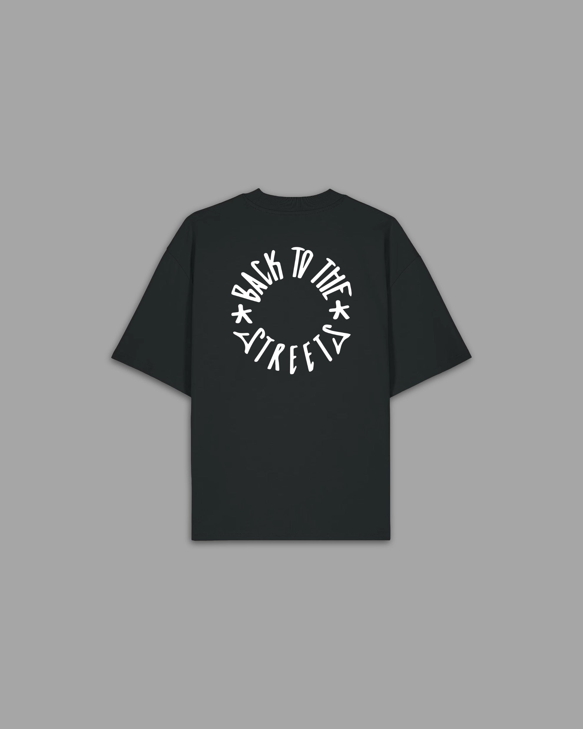 BTTS Classic Oversized T-Shirt dunkelgrün Rückansicht mit großem weißem Back To The Streets Kreis-Logo Backprint – Oversized Streetwear