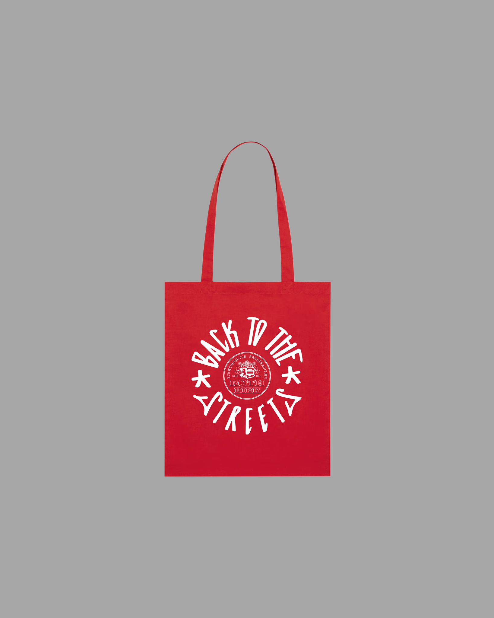 Roth x BTTS Tote Bag rot mit großem weißem Back to the Streets Kreislogo und Roth Bier Wappen – Stoffbeutel Skateshop