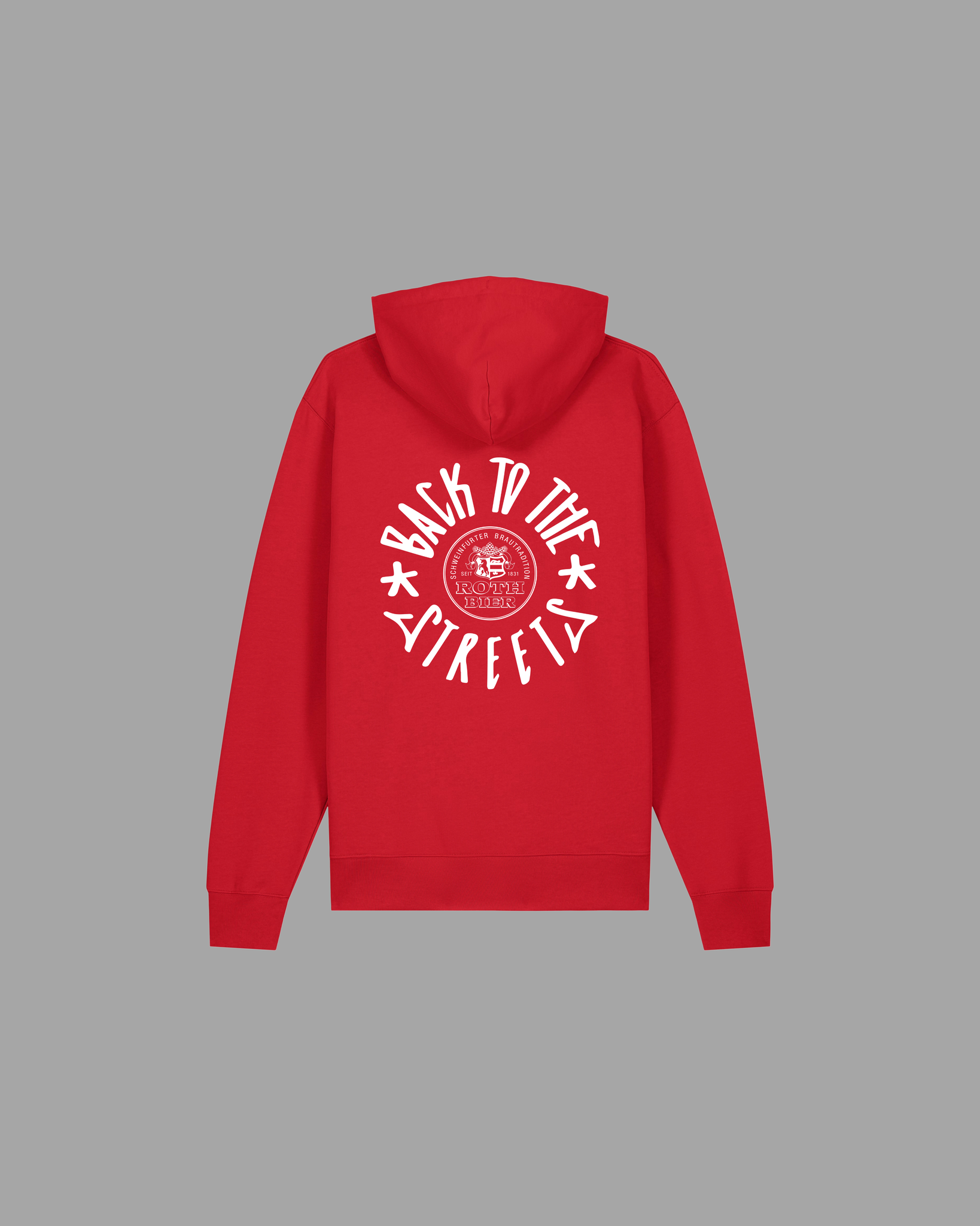Roth x BTTS Hoodie rot Rückseite mit großem weißem Back to the Streets Kreislogo und Roth Bier Wappen – Kollaboration Kapuzenpullover
