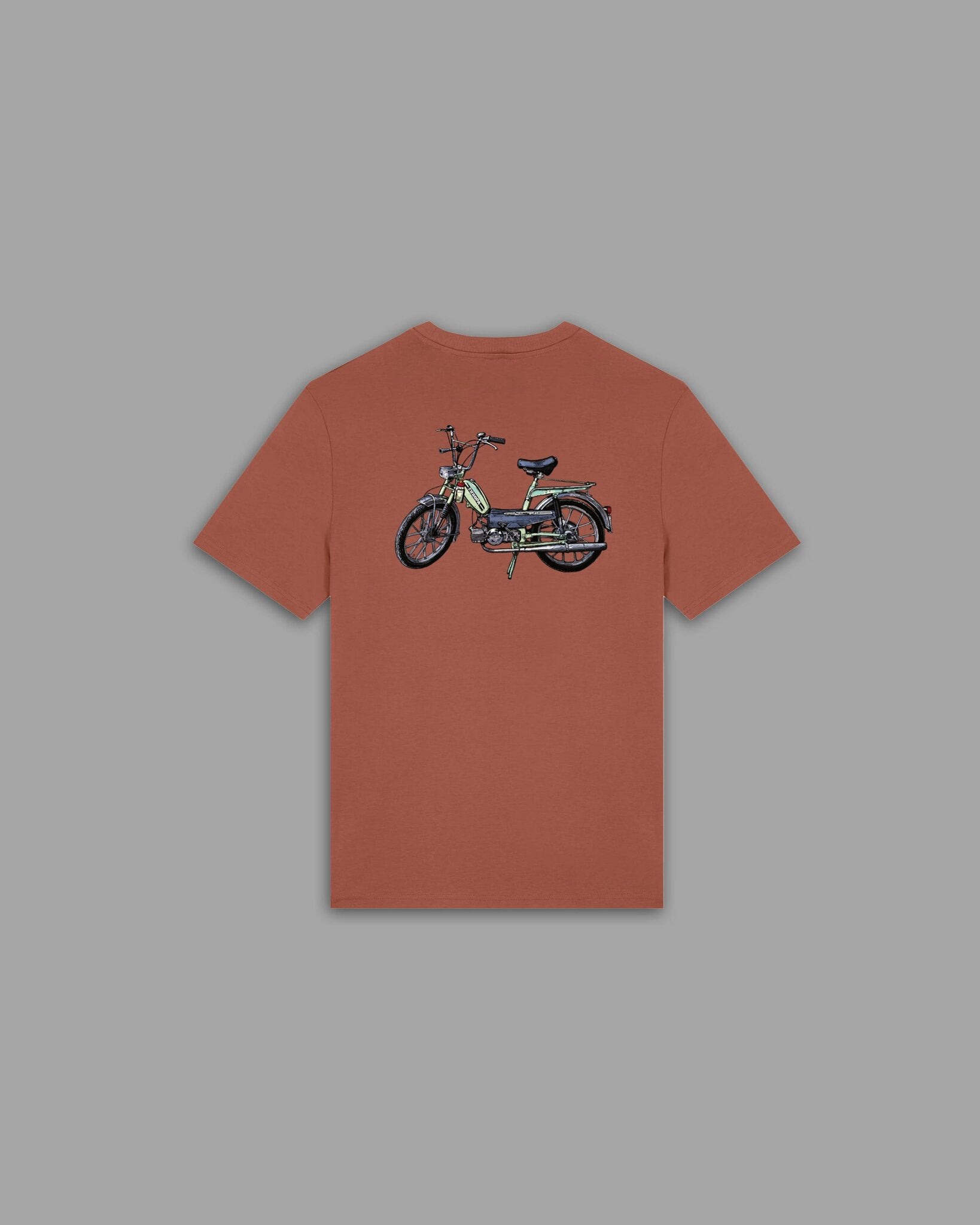 Skate'n Rock Wahlair T-Shirt rostbraun Rückansicht mit großem Vintage-Mofa Backprint in Oliv und Schwarz – BTTS Mofaserie Streetwear