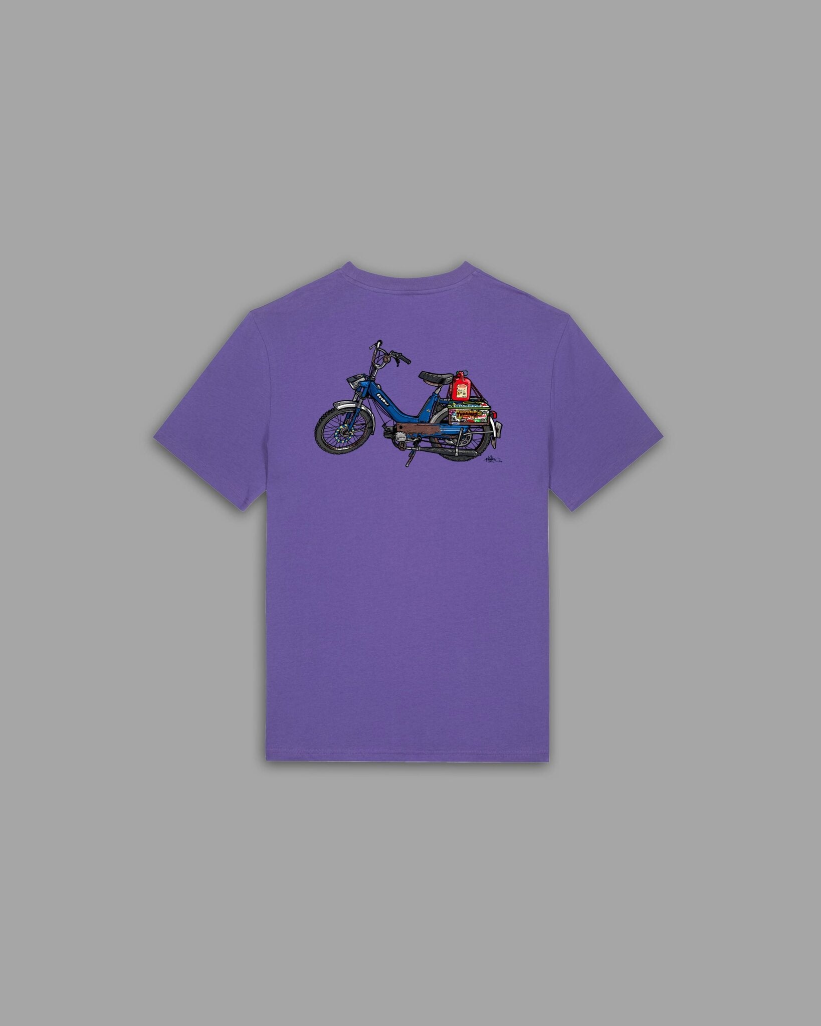 Skate'n Rock Cheezy T-Shirt Rückseite in Lila mit blauem Vintage-Mofa Backprint – Retro Puch Moped Illustration Streetwear