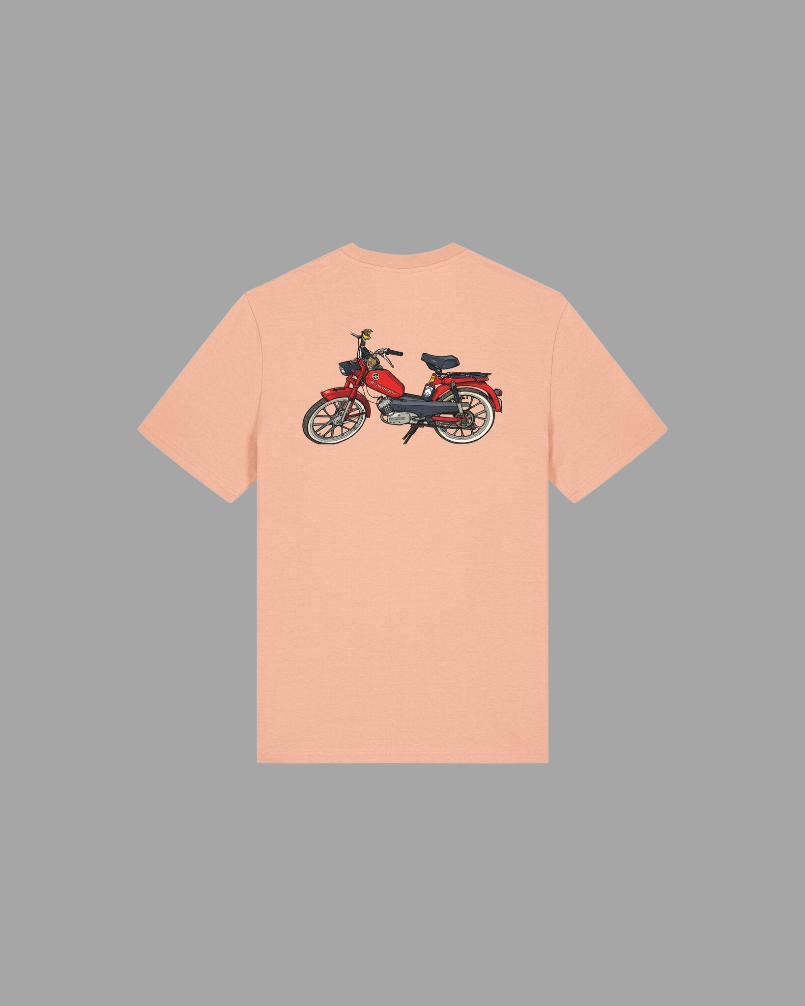 BTTS Skate n Rock Mogli T-Shirt pfirsichfarben Rückansicht mit rotem Vintage-Moped Illustration Backprint – Streetwear