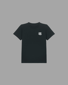 Schwarzes Kids T-Shirt von Back To The Streets, Vorderansicht mit kleinem weißem Skate. Rock. Love. Brustprint.