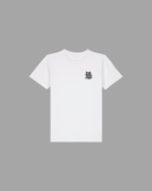Weißes Kids T-Shirt von Back To The Streets, Vorderansicht mit kleinem schwarzem Skate. Rock. Love. Brustprint.