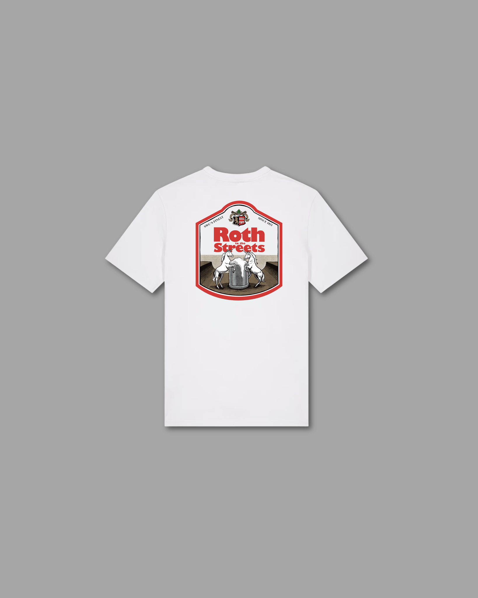 BTTS T-Shirt weiß Rückansicht mit großem Roth to the Streets Wappen-Backprint – Streetwear