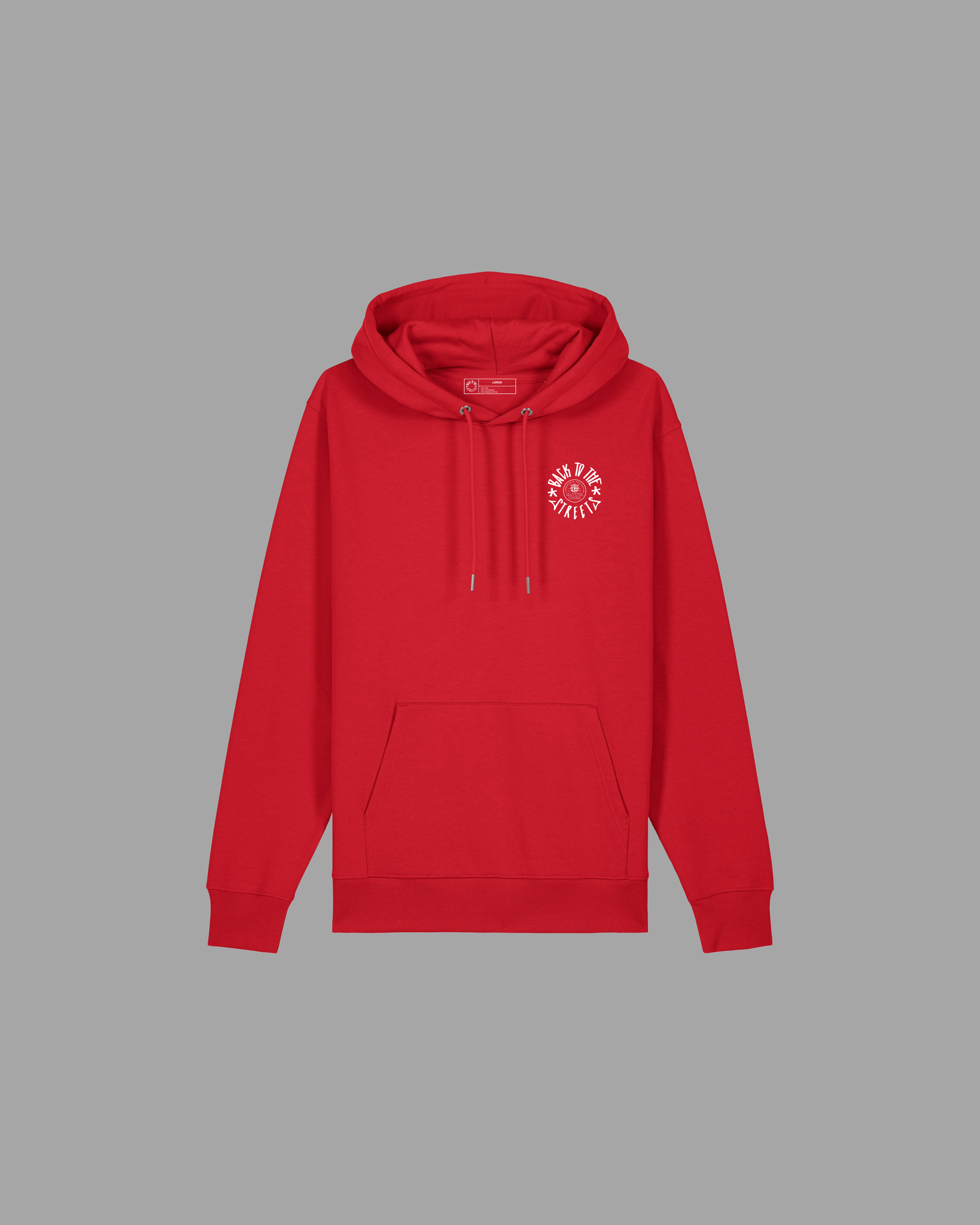 Roth x BTTS Hoodie rot Vorderseite mit kleinem weißem Back to the Streets Brustlogo – Roth Bier x BTTS Streetwear Hoodie